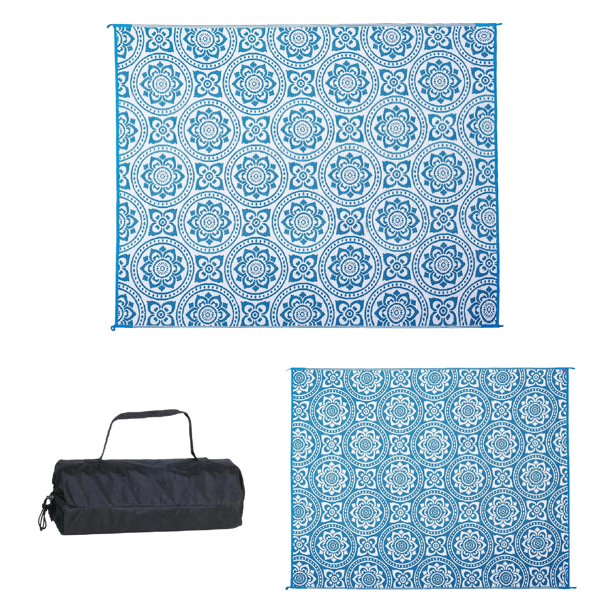 Reversible Mat 8x10 Foot Outdoor Polypropylene Pattern Patio Rug, Turquoise/White