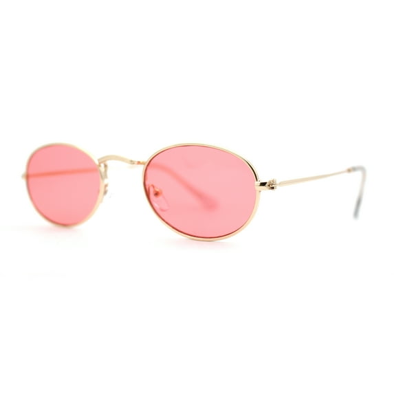 Hippie Micro Narrow Oval Pop Color Lens Metal Rim Sunglasses Gold Rose Pink