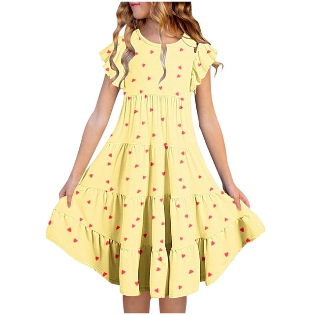 Vestido de verano para niña, de poliéster, con mangas cortas y cuello redondo, estampado de corazón, bolsillos en la cintura y capas.