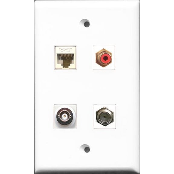 RiteAV 1 Port RCA Red and 1 Port Coax Cable TV- F-Type and 1 Port BNC and 1 Port Cat6 Ethernet White Wall Plate