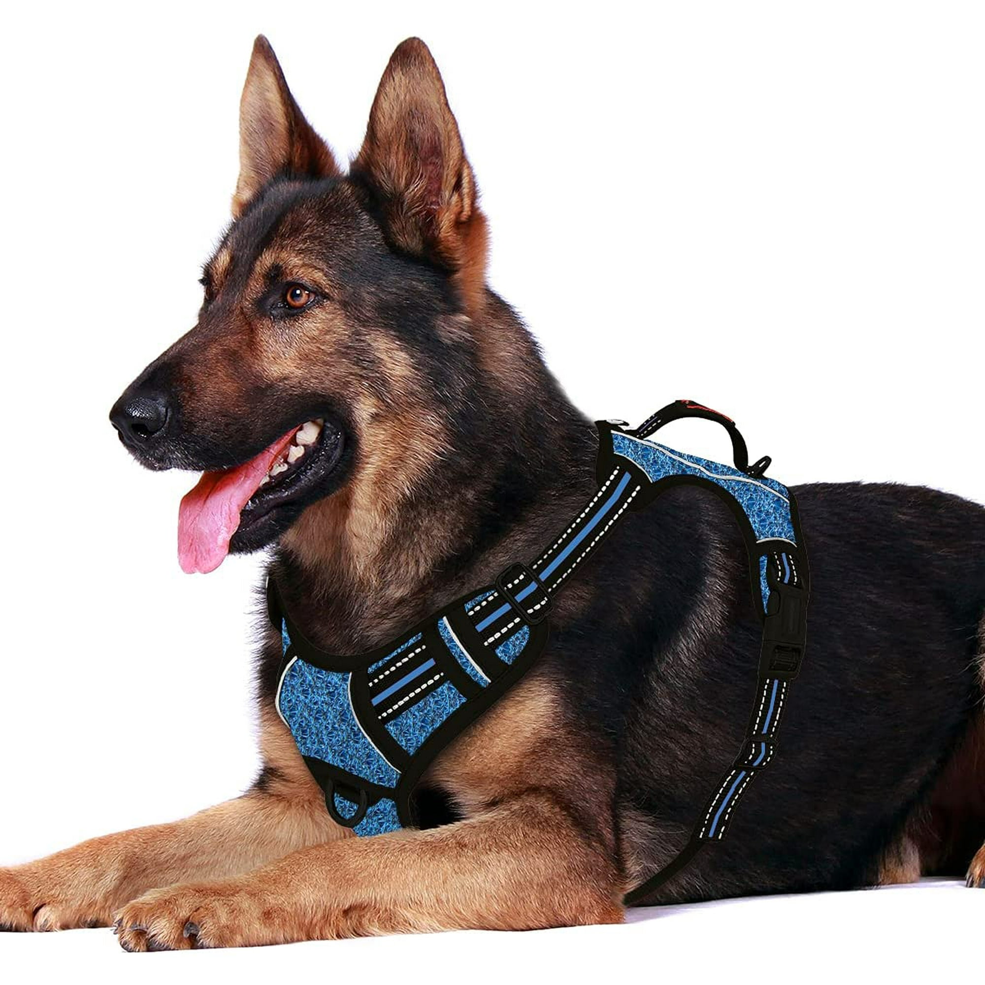 IGUOHAO No Pull Dog Harness Front Clip Heavy Duty Reflective Easy Control Handle for Large Dog Walking with ID tag Pocket Blue Black XL