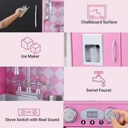 COCLUB Play Kitchen, Wooden Kids Kitchen Playset with Chalkboard, Ice Maker, Play Phone, Cookware Accessories, Microwave Toy Kitchen Gift for Boys Girls Age 3-8 Pink