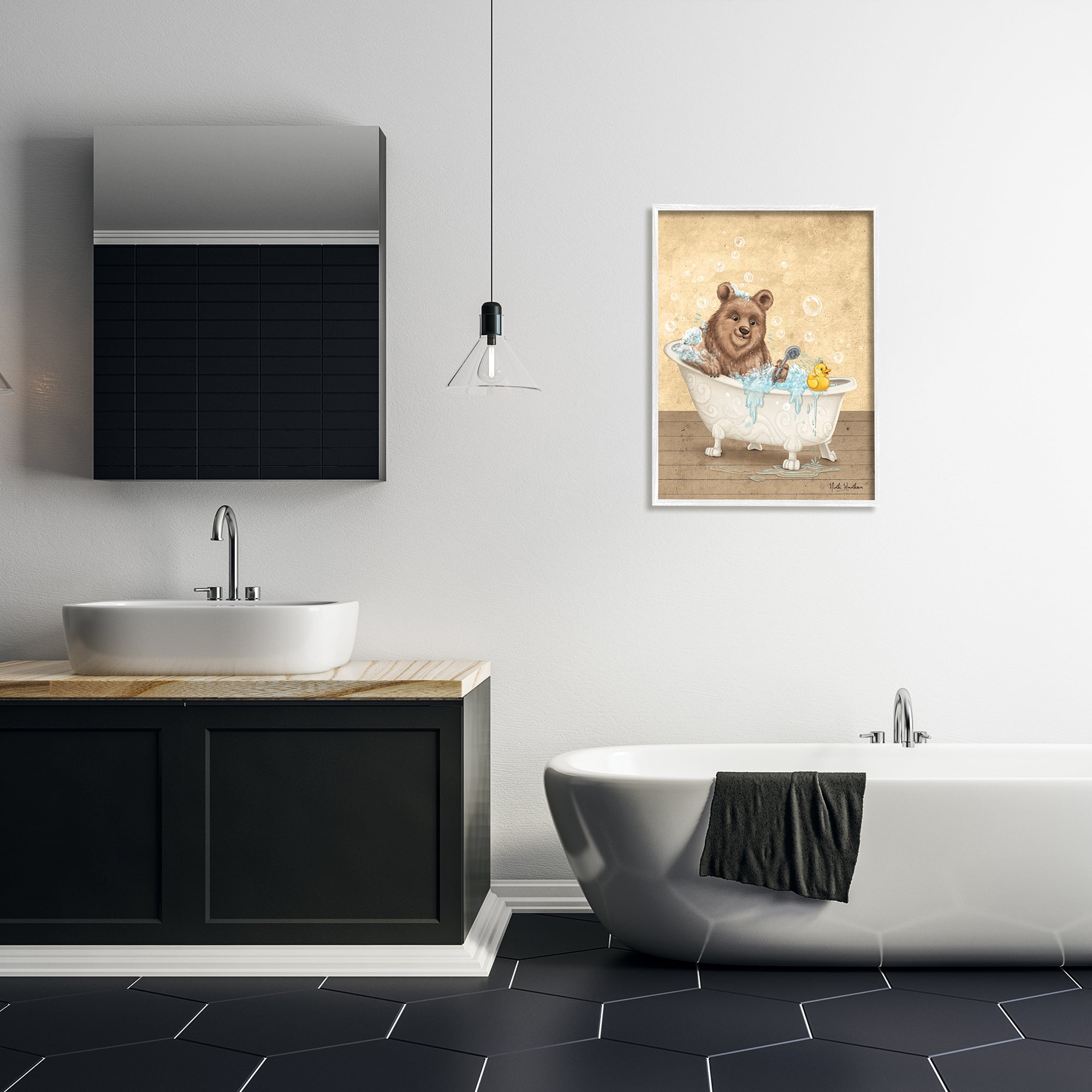 Stupell Industries Bear & Rubber Duck Bath Animals & Insects Painting White Framed Art Print Wall Art, 24 x 30