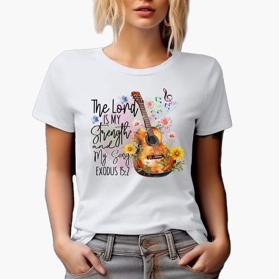 The Lord Is My Strength and My Song Exodus 15 2 Bible Verse with Guitar Art Merch Gift, White T-Shirt, Small