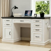 Vipuse Farmhouse 57" Lift Desktop Executive Desk with 6 Drawers and Charging Station, Wood Home Office Computer Desk with File Cabinet Storage, Keyboard Tray,Headphone hook for Work,Study, White