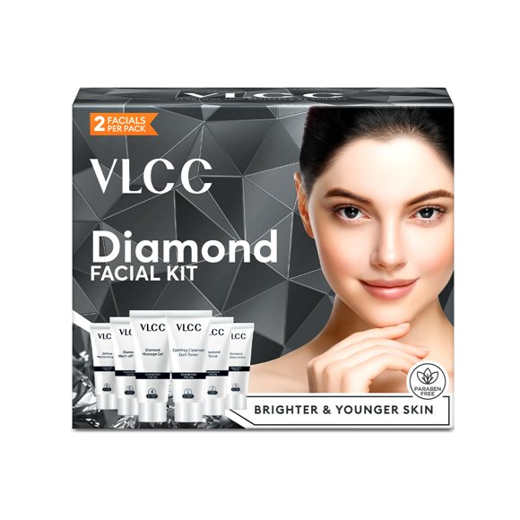 VLCC Diamond Facial Kit - 60g | Purifying with Parlour Glow | Improves Elasticity, Brightens and Helps Lighten Patchy, Damaged Skin | with Colloidal Diamond, Aloe Vera, Jojoba & Olive Oil - Pack of 2