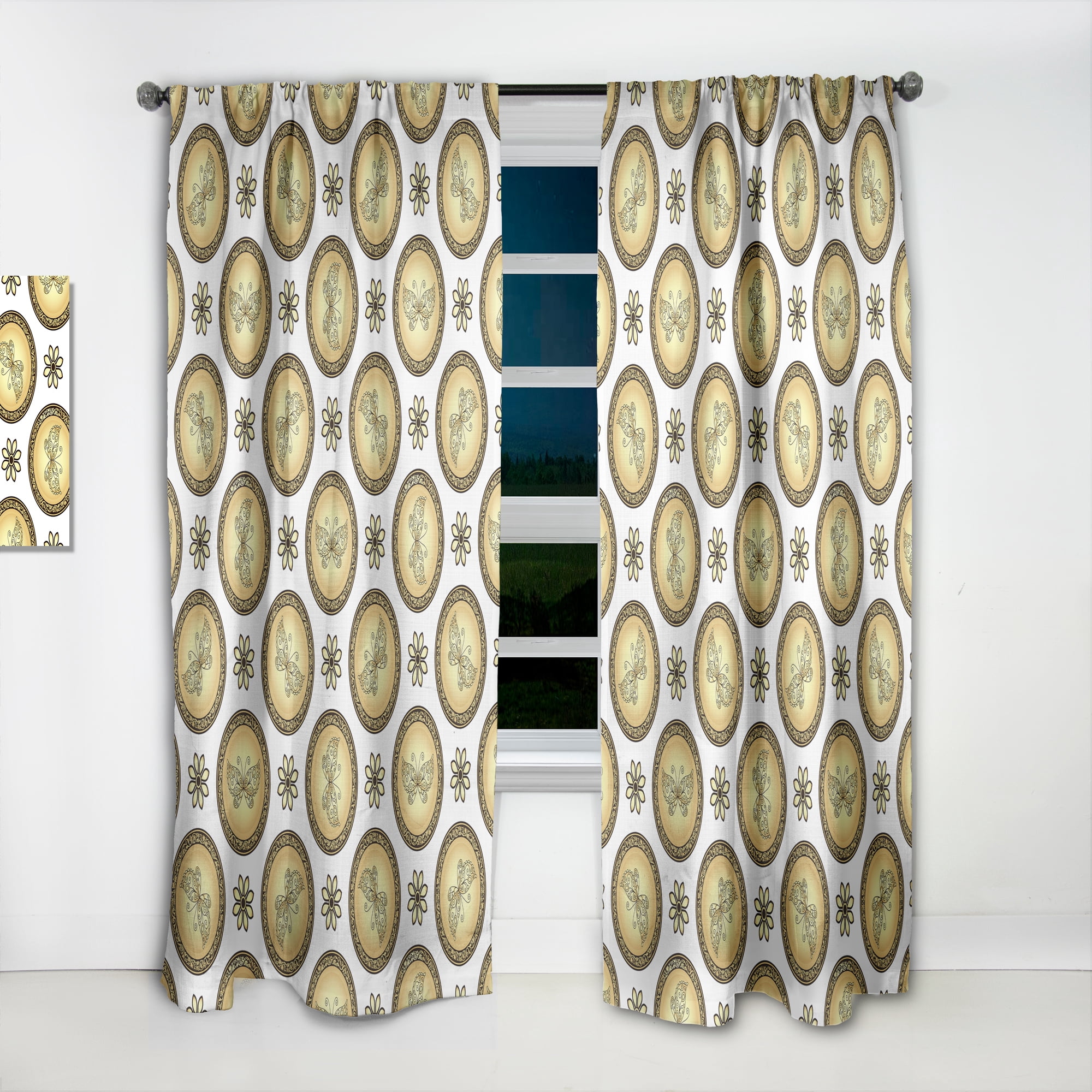 Designart 'Browne and Gold pattern with gradient vintage circles' Mid-Century Modern Curtain Panel