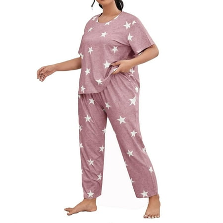 

Womens Plus Pajama Sets Geometric Print Pant Sets Sleepwear PJ Set Dusty Pink 4XL