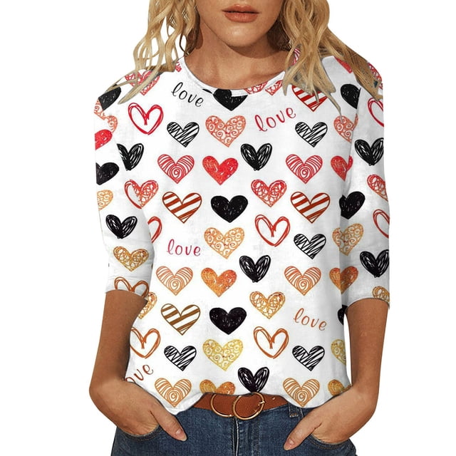 SZXZYGS T-Shirts Graphiques pour Femmes Crop Top Nœud T-Shirt Manches Trois-Quarts Imprimé Saint-Valentin Col Rond Été 2024