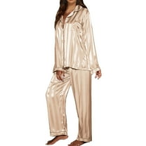 SWSMCLT Women's Long Sleeve Pajamas Satin Soft Thin 2 Piece Lounge Set Pajama Set Summer Button Up Silky Fall Golden Small