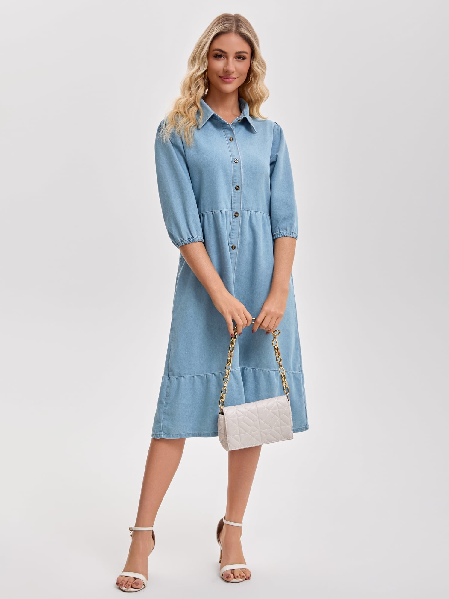 DARING DIVA Women's 3/4 Sleeve Button Down Collar Swing Tiered Dress M Pale Blue