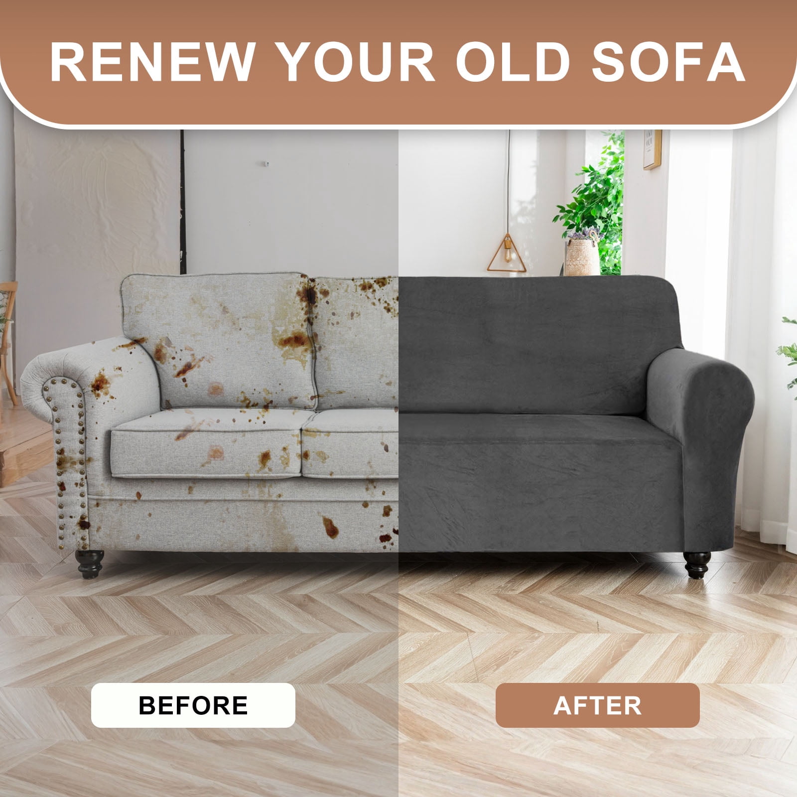 SANMADROLA Sofa Covers 100% Waterproof Slipcover Velvet Stretch Couch Cover for 3 Cushion Sofa Non Slip Leakproof Washable Furniture Protector for Kids Dogs Cats Pets, Gray, Sofa