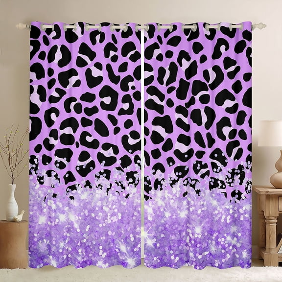 Homewish Purple Cheetah Print Kitchen Curtains for Girls, Princess Glitters Printed Black Out Curtains Pack of 2 (42x63 Each)