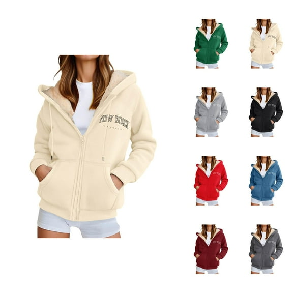 New York City Hoodies for Women Fall Winter Long Sleeve Fleece Lined Zip Up Graphic Hooded Sweatshirt Jacket with Pockets