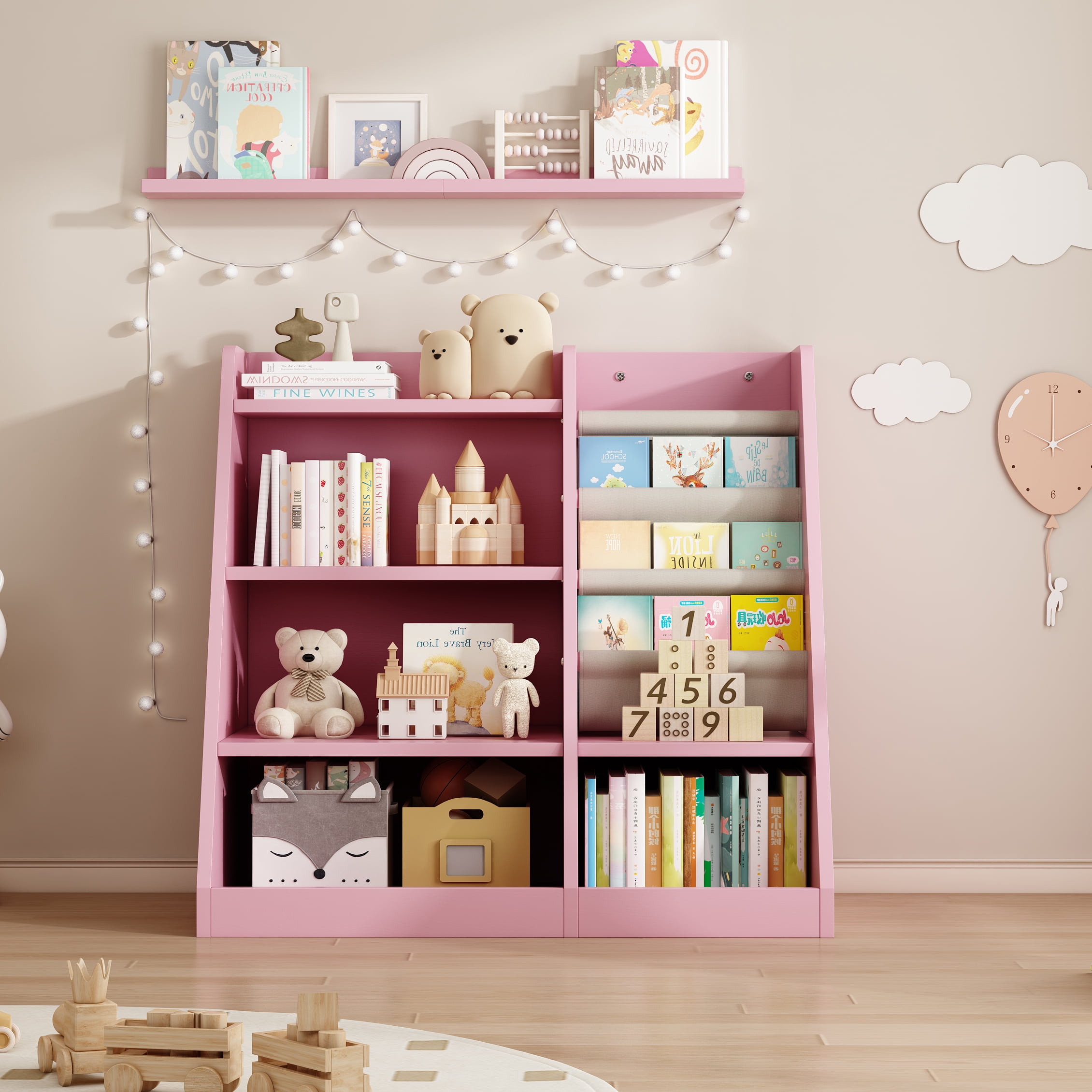 Aukfa Kids Bookshelf and Toy Storage,Wood Storage Organizer for Playroom Bedroom,Pink