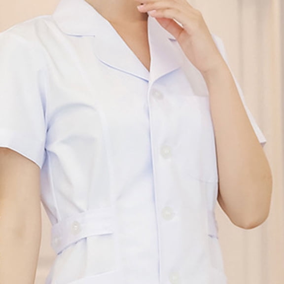 Women's Hospital Nursing Work Dress Short Sleeve Lapel Collar Button Front Medical Uniform Dress White 2XL