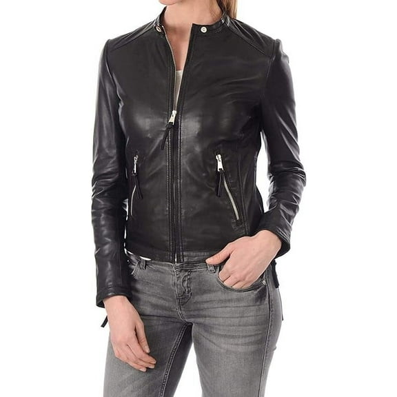 Womens Genuine Lambskin Leather Jacket Motorcycle Biker Leather Black Jacket W083