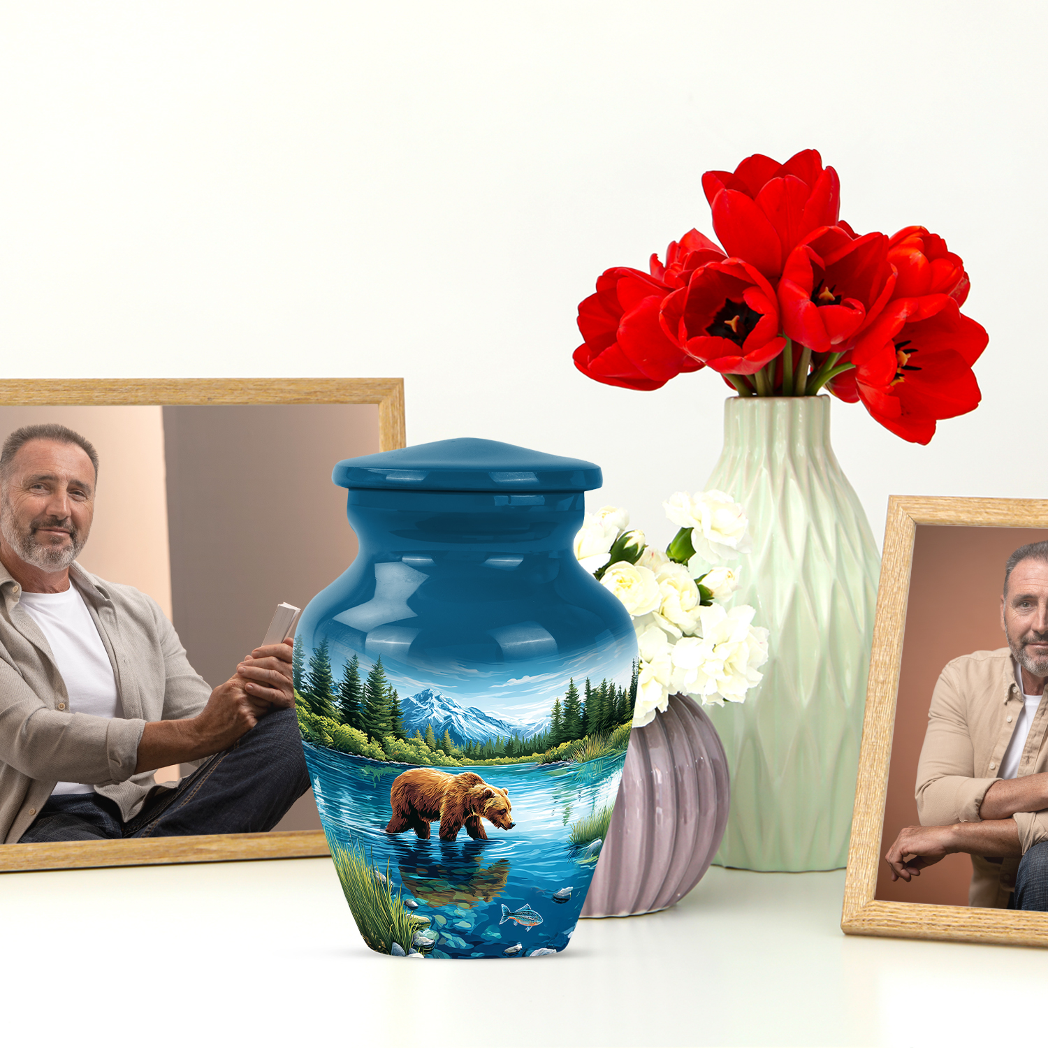 JAGASY Bear Small Urn for Sister, Blue Urn for Human Ashes Keepsake, River Trees Mountain & Blue Sky Decorative Urns for Siblings, Memorial Tiny Urns for Brother, (3 Inch)