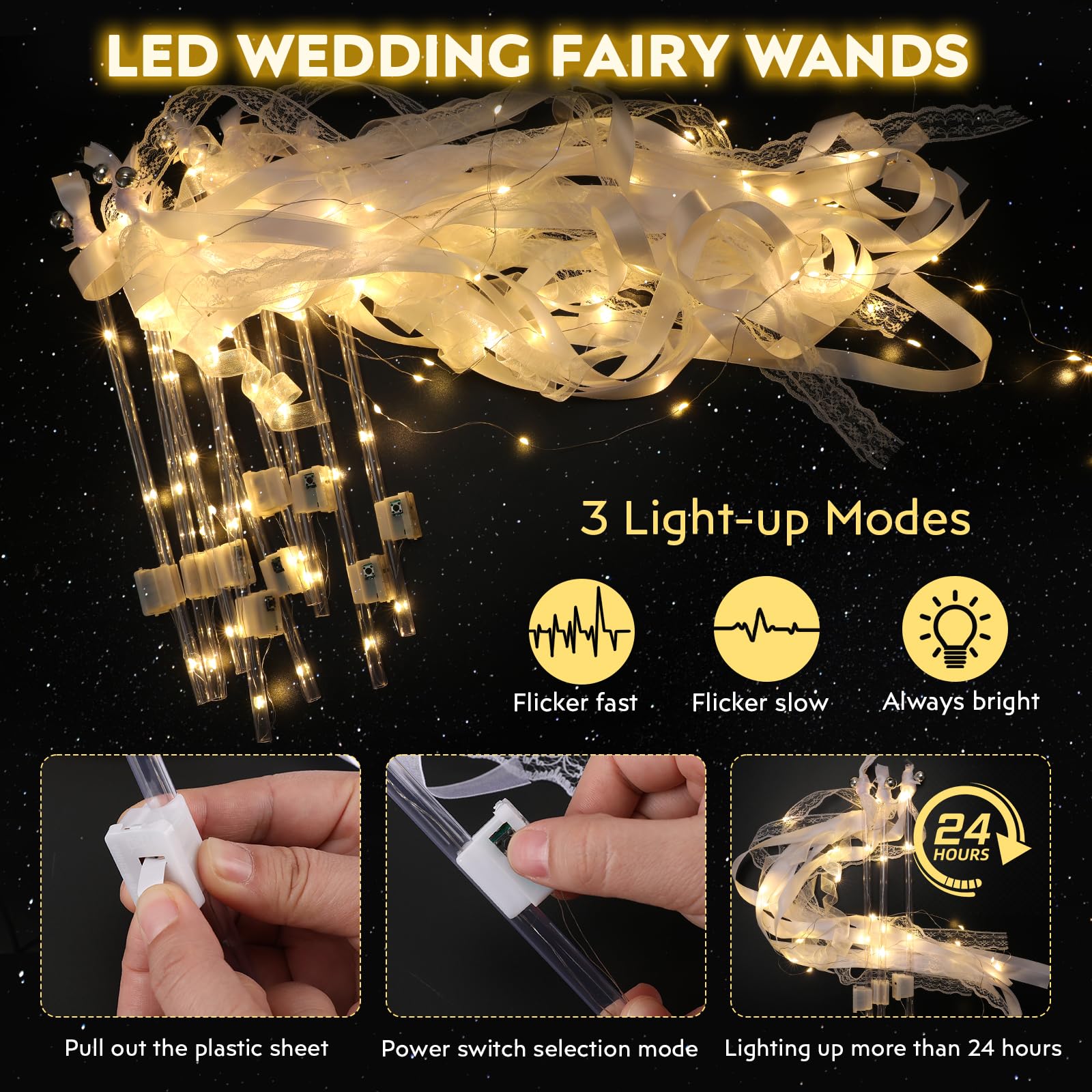 16Pcs Wedding Wands Ribbon Streamers, Light up LED Silk Fairy Wands, Glow Lace Stick with Bells for Wedding Reception, Graduation, New Year, Birthday Party (Warm White)