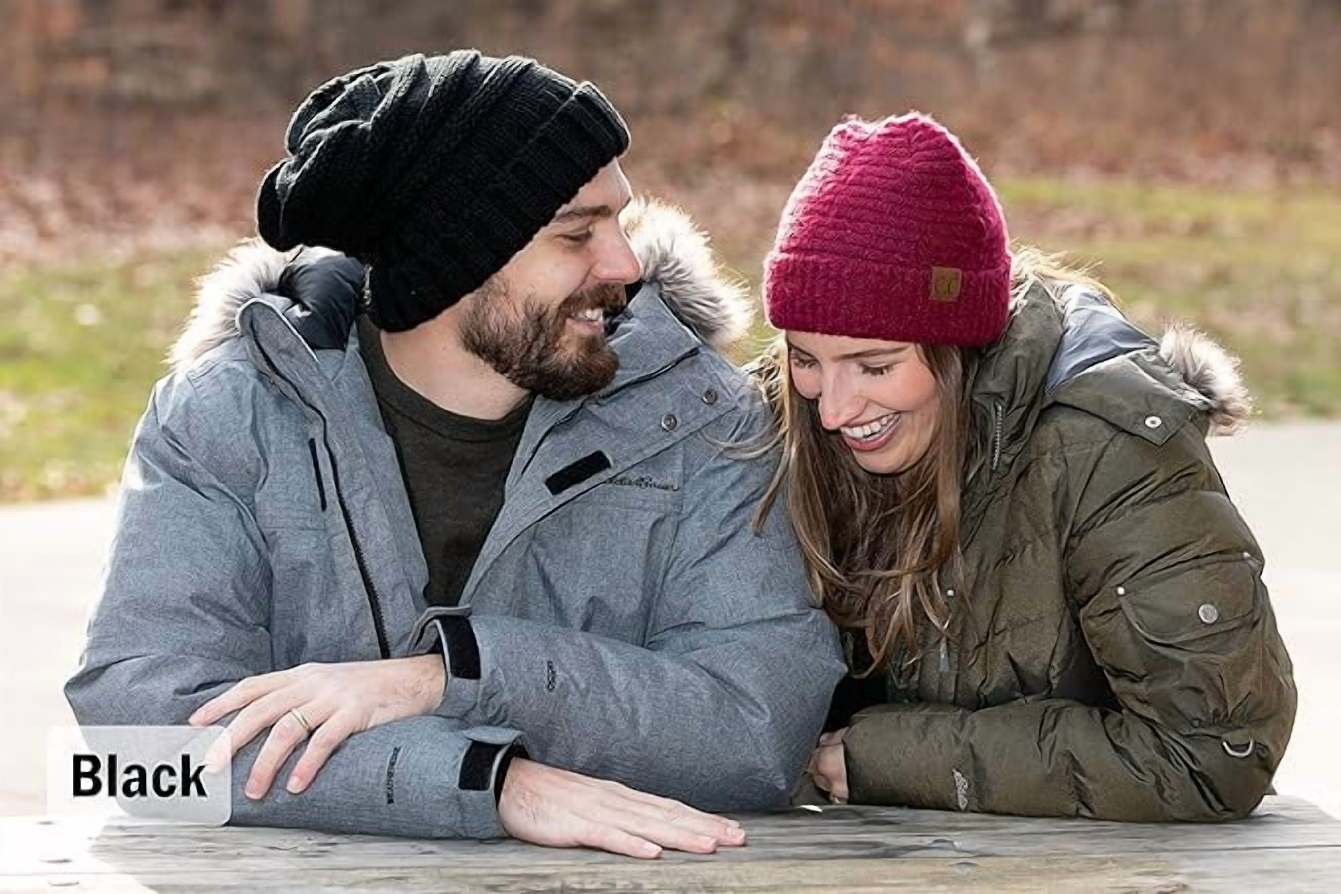 Funky Junque Slouchy Beanie for Women – Warm Winter Hat, Soft Chunky Cable Knit Oversized Slouch Beanies for Cold Weather, Cozy Stylish Fashion Hats - 2 Pack - Black & Burgundy