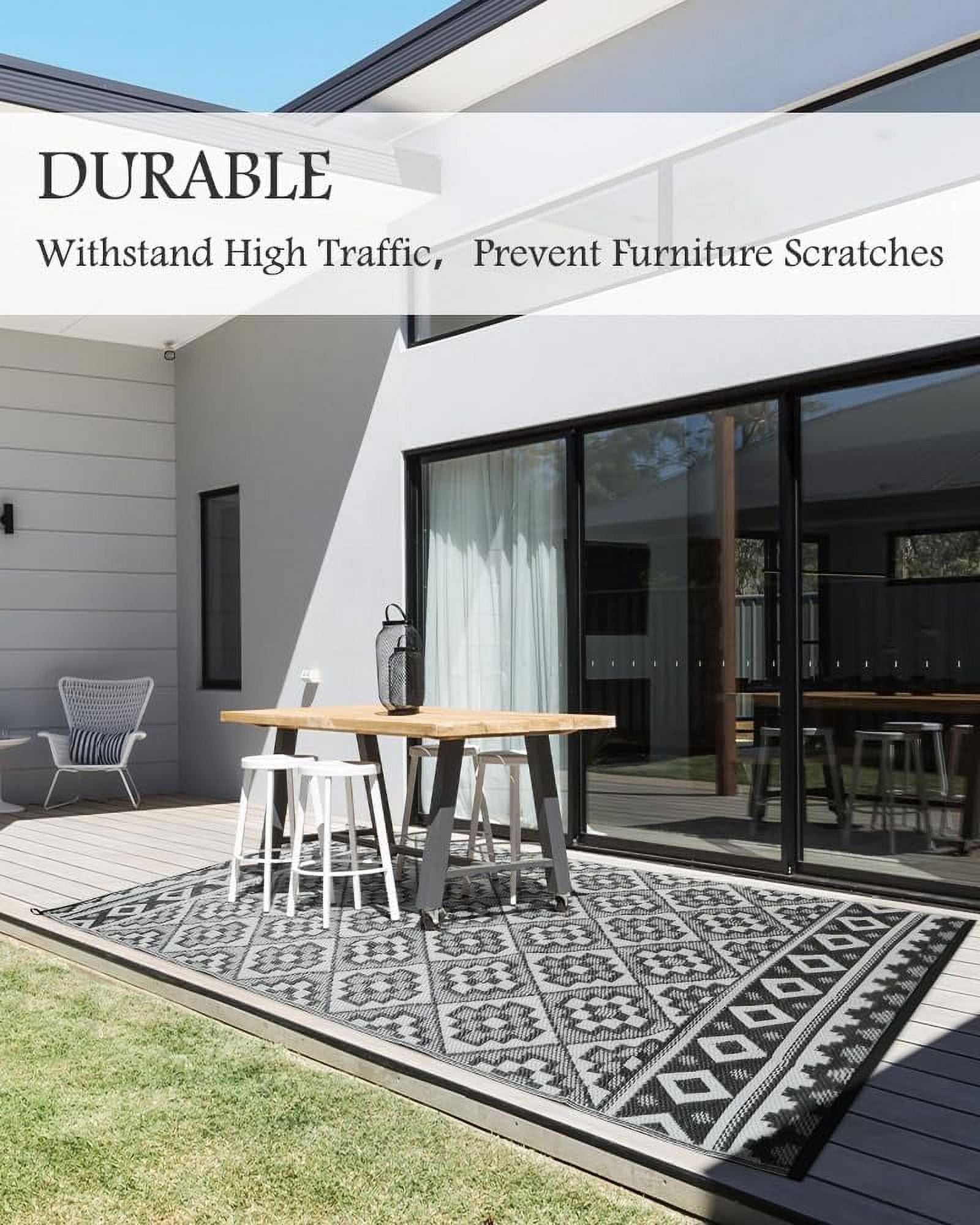 SIXHOME Outdoor Rug 5'x8' Waterproof Reversible Patio Rug Modern Lightweight Plastic Straw Indoor Outdoor Rug for RV Camping Deck Balcony Porch Boho Patio Decor Outdoor Carpet Black and Wite