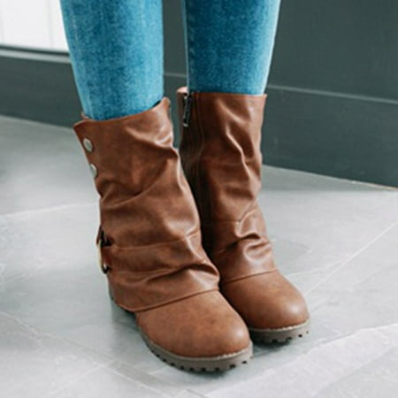 

Retro Women Autumn Winter Zipper Square Heels Short Booties Round Toe Shoes Brown 7.5