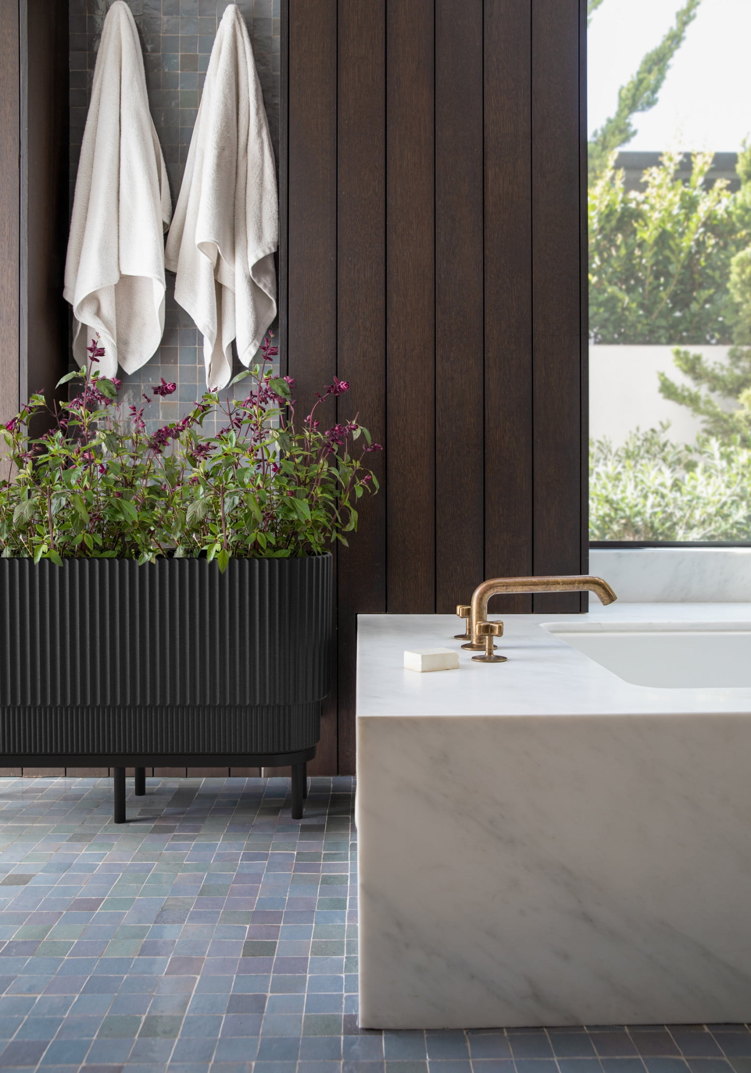 Veradek Demi Series Raised 30" Long Plastic-Stone Planter - (Black/Black, 2 Pack)