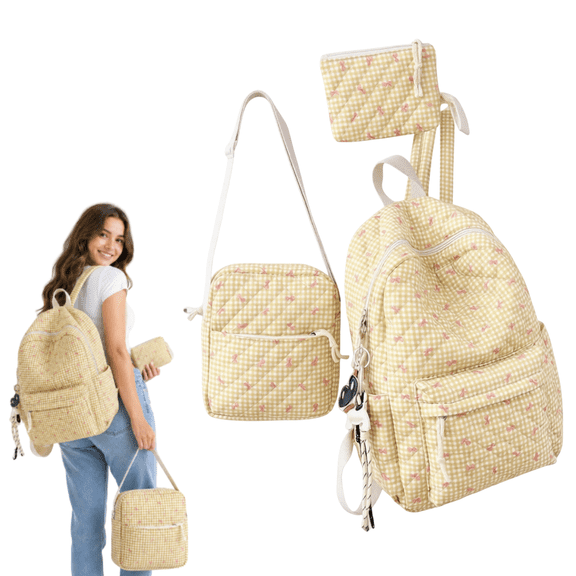 3 PCS Yellow Coquette Aesthetic Quilted Gingham Backpack Set, 3-in-1 Bow Embroidered Plaid Daypack, Casual Travel School Backpack with Crossbody Bag and Wallet