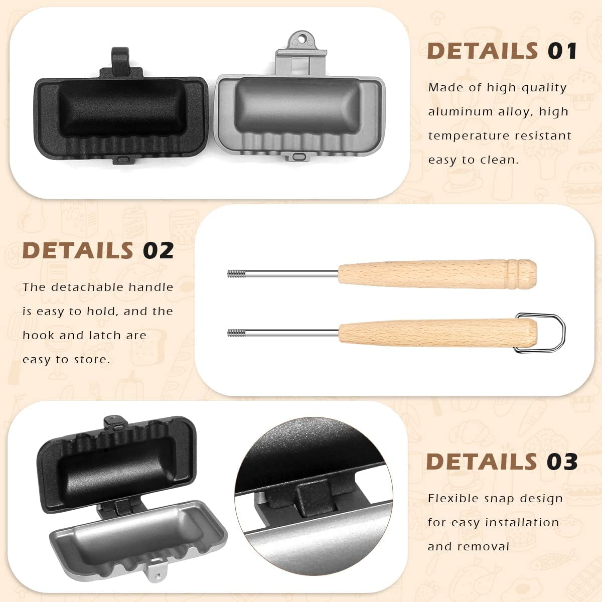 Hot Sandwich Maker, Hot Dog Toaster, Double-Sided Sandwich Baking Pan, Double Sided Frying Pan, Grilled Cheese Maker Nonstick Sandwich Maker Flip Grill Pan for Breakfast Pancakes, Toast, OmeletsBlack