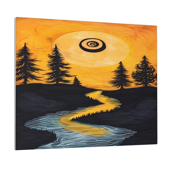 Picia Sunset River Pine Trees Pattern Decorative Picture – Unique Wall Art, Modern Canvas Print for Trendy Interiors (Horizontal)