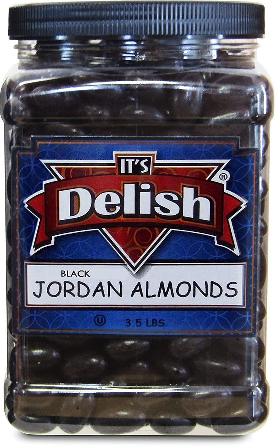 Black Jordan Almonds by Its Delish, 3.5 lbs Jumbo Container  Candied Almond Nut with Sweet Hard Candy Coating - Bulk Wedding Favors, Bridal and Baby Showers, Party Buffets - USA Made, Vegan & Kosher