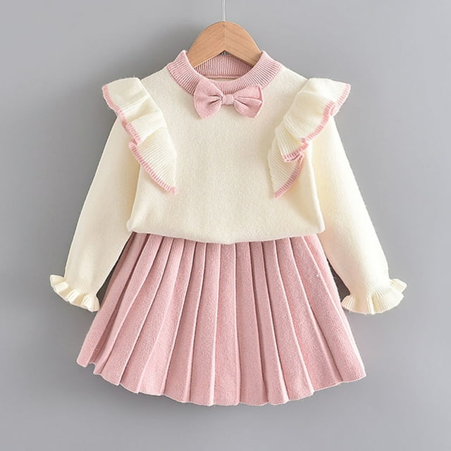 Cowsor Toddler Girls' Ruffle Cardigan & Pleated Skirt Set – Knitted, Cute (1-6Y)