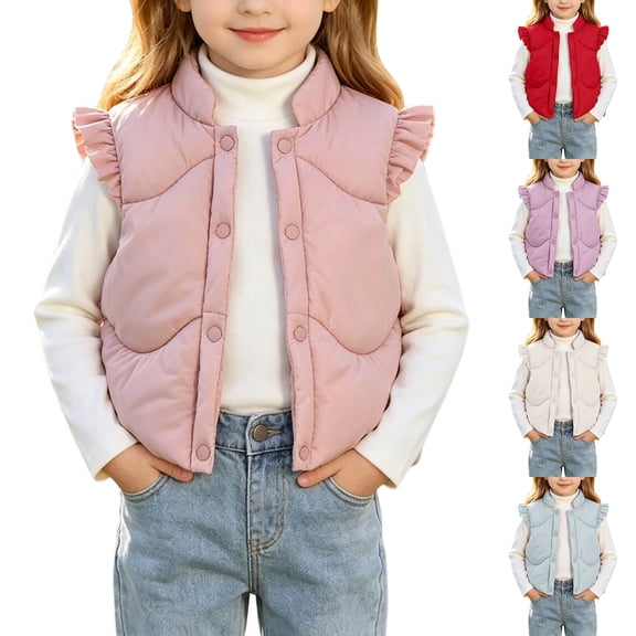 Mifsaly Toddler Girls Puffer Vest Sweet Ruffle Shoulder Sleeveless Warm Winter Coat Button Down Fall Winter Outerwear