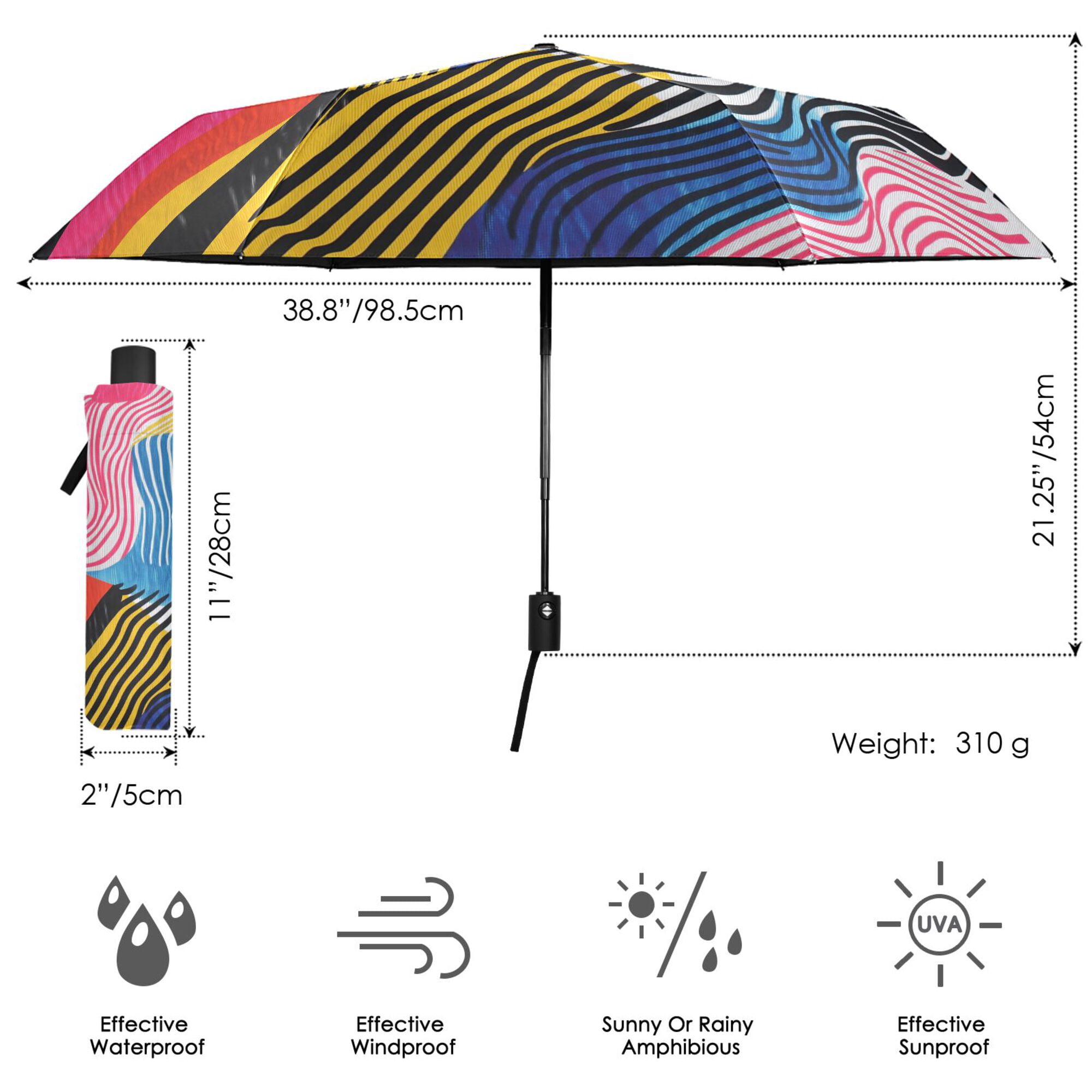 FORMRS Travel Umbrella Folding Auto Open Close Windproof Rain UV Protection, Stripes Pattern