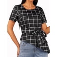 thumbnail image 1 of Lovito Elegant Plaid Asymmetrical Belted Short Sleeve Blouses, 1 of 5