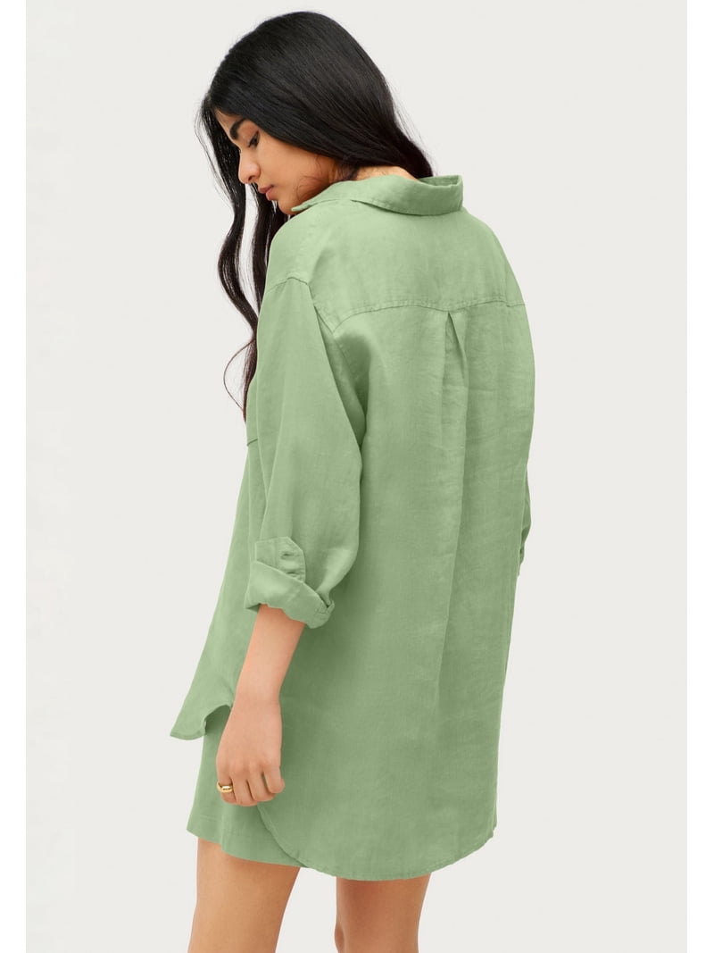 plus size boyfriend shirt dress Boyfriend Shirt Dress for Women Plus Size Cotton Linen Collared Dresses Short Sleeve Button Down Long Shirts White, S