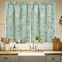 Floral Kitchen Curtains 39 Inch Length Green Window Curtain Over Sink Spring Summer Small Short Tier for Bathroom Cafe Rod Pocket (2 Panels, 27.5" W x 39" L)