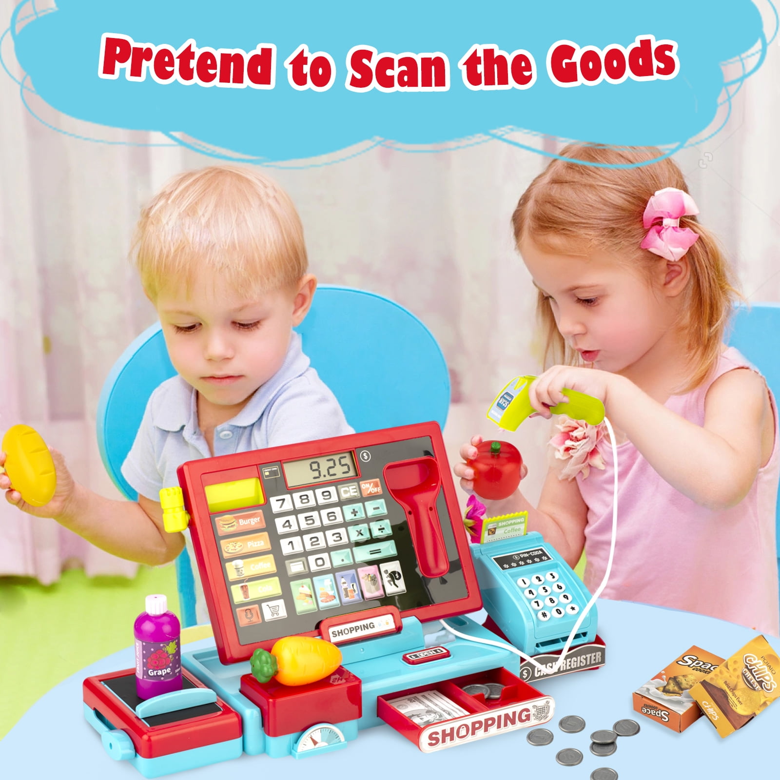 Interactive Kids Cash Register with Real Calculator & Scanner | Pretend Play Store with Music, Food & Shopping Cart | Educational Toy Gift for Ages 3-8 (Red & Blue)