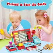 Interactive Kids Cash Register with Real Calculator & Scanner | Pretend Play Store with Music, Food & Shopping Cart | Educational Toy Gift for Ages 3-8 (Red & Blue)