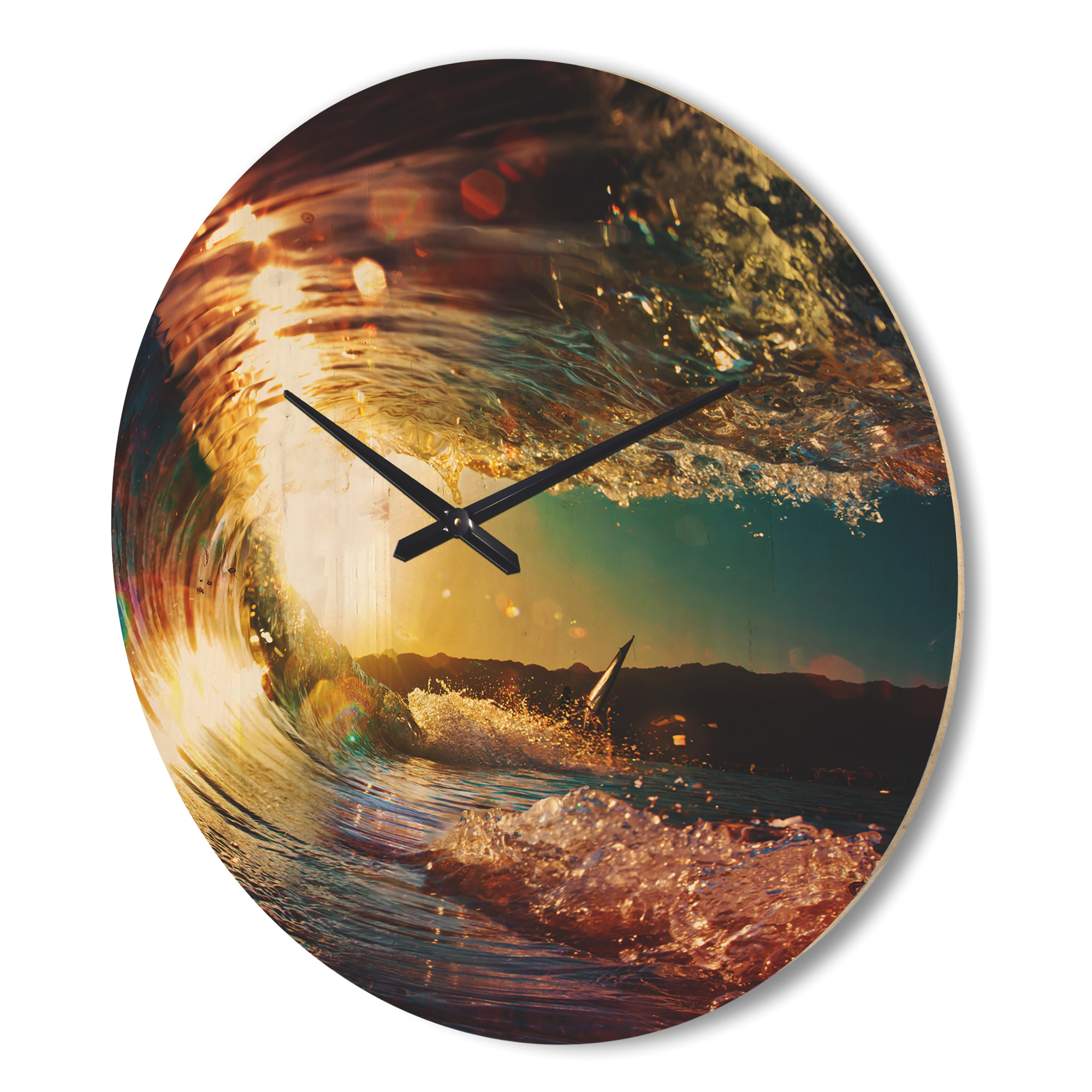 Designart 'Colored Ocean Waves Falling Down At Sunset III' Coastal Wood Wall Clock
