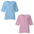 thumbnail image 4 of BVOFAR Cotton Linen 3/4 Sleeve Shirts for Women Solid Color Notch V Neck Tops Summer Plus Size T-Shirts Casual Loose Fit Tees 2 Pcs, 4 of 7