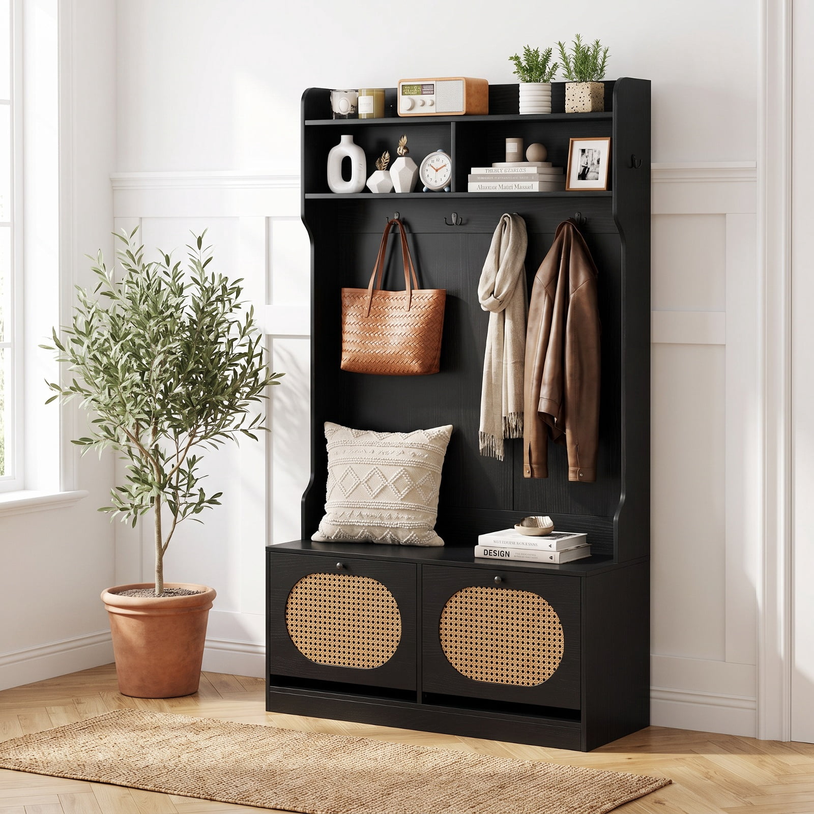 Furnibear 4 in 1 Entryway Hall Tree with Coat Rack and Flip Drawers and Storage Bench for Mudroom and Foyer and Hallway, Black