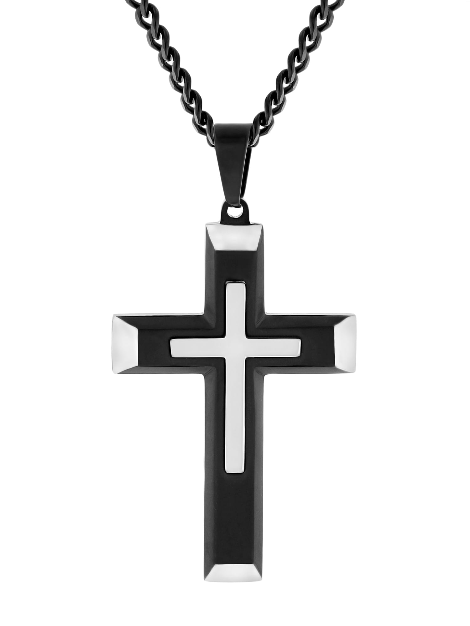 Believe by Brilliance Mens Stainless Steel Two Tone Stacked Cross Pendant Necklace Chain