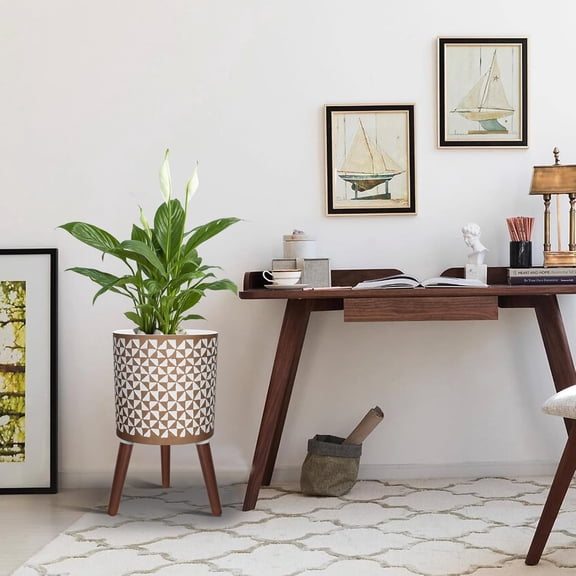 10 Inches Plant Pots with Wood Stand Large Modern Standing Planters for Indoor Mid  Flower Pot with Drainage Holes Big White & Gold Planters for Living Room, Office, Garden or Balcony