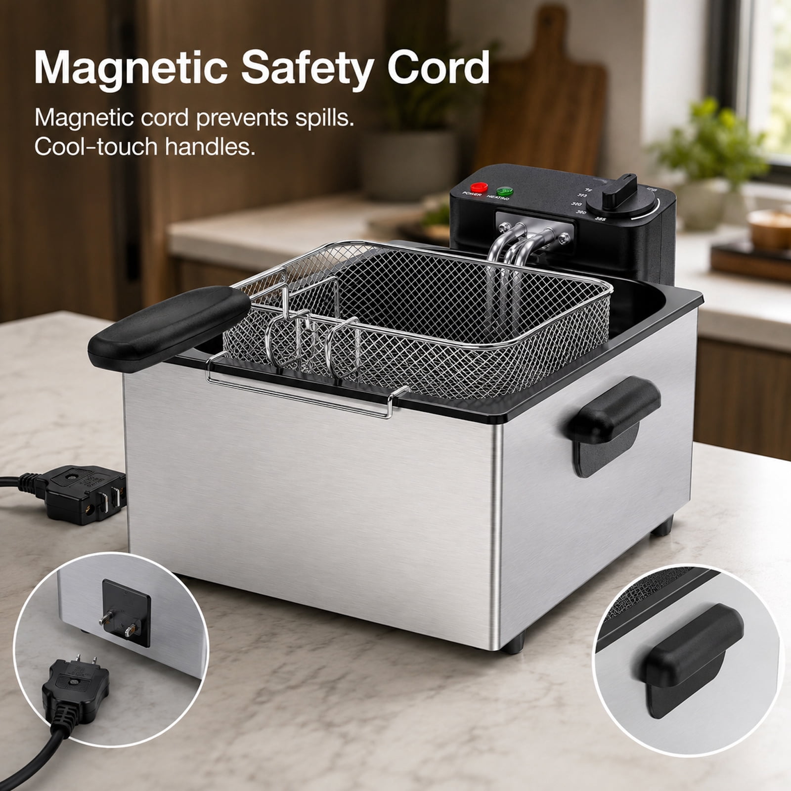 Alvantor Electric Deep Fryer with Adjustable Temperature, 1500W, Stainless Steel, 3L/5L Capacity