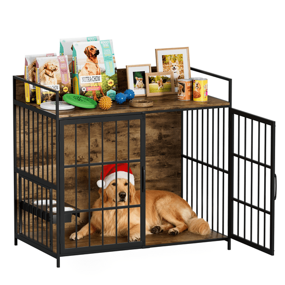 Homall Large Heavy Duty Dog Crate Furniture, 47.2" Metal Dog Kennel,Chew Proof Prevent Escape for Dogs, Indoor Indestructible Dog Kennel, Brown