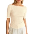 thumbnail image 2 of Womens Tshirts Knit T Shirt Casual Solid Mid Sleeve Round Neck Women's Tops Beige L, 2 of 4