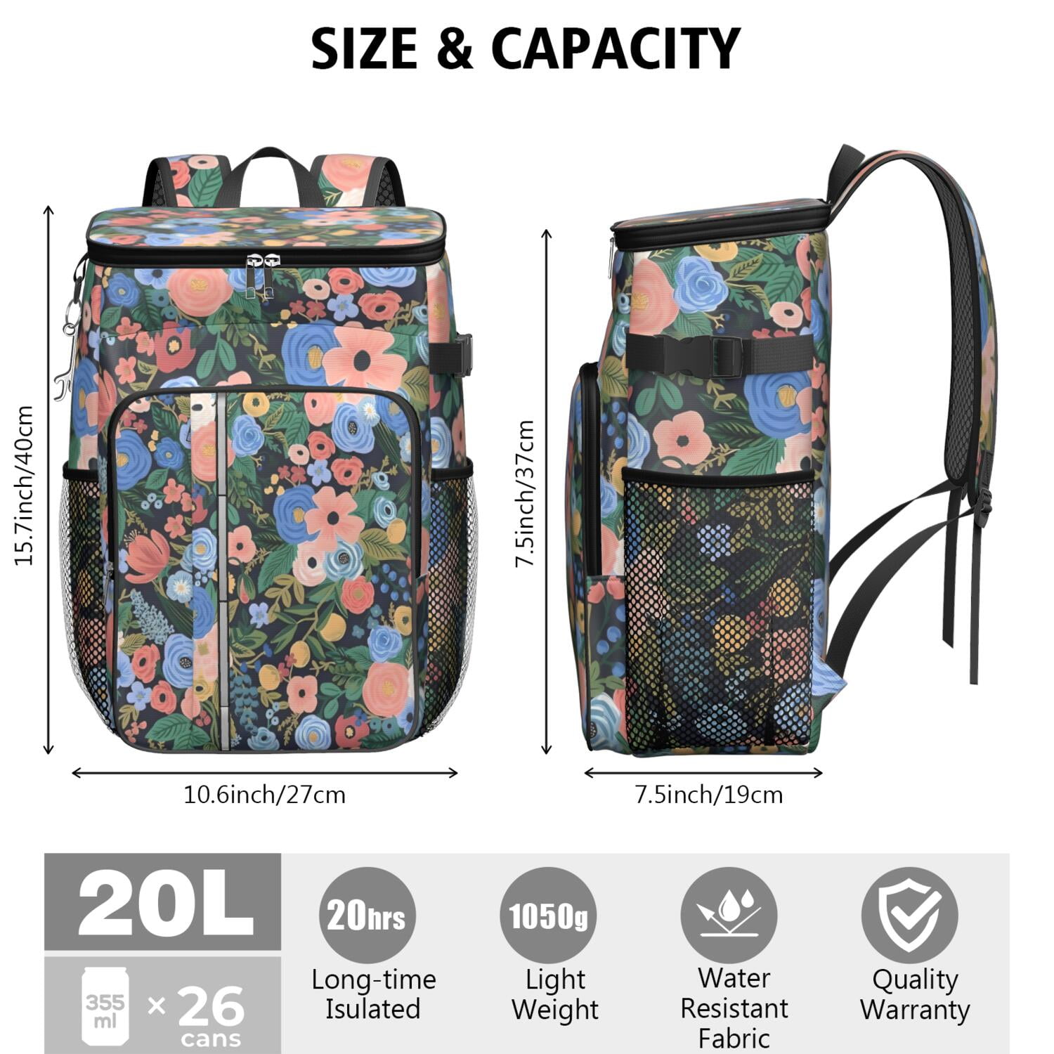 Travel Cooler Bag - Pioneer Flower Floral Print Pattern Camping Beer Cooler Backpack with Bottle Opener- Waterproof Insulated Picnic Backpacks - Cooler Bag for Beach