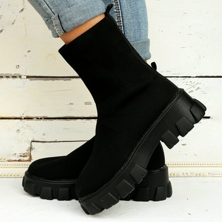 

Akiihool Womens Work Boots Comfortable Women Mid-calf Cowboy Boots Stacked Heel Cowgirl Knee Boots (Black 8)