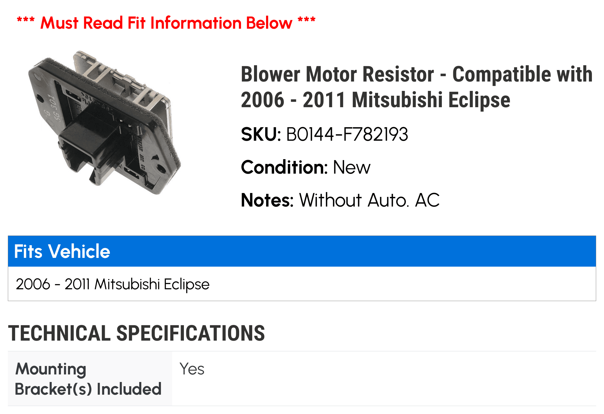 Blower Motor Resistor - Compatible with 2006 - 2011 Mitsubishi Eclipse 2007 2008 2009 2010